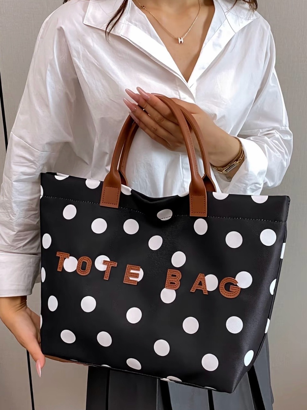 Black Polka Dot Tote Bag with Brown Handles